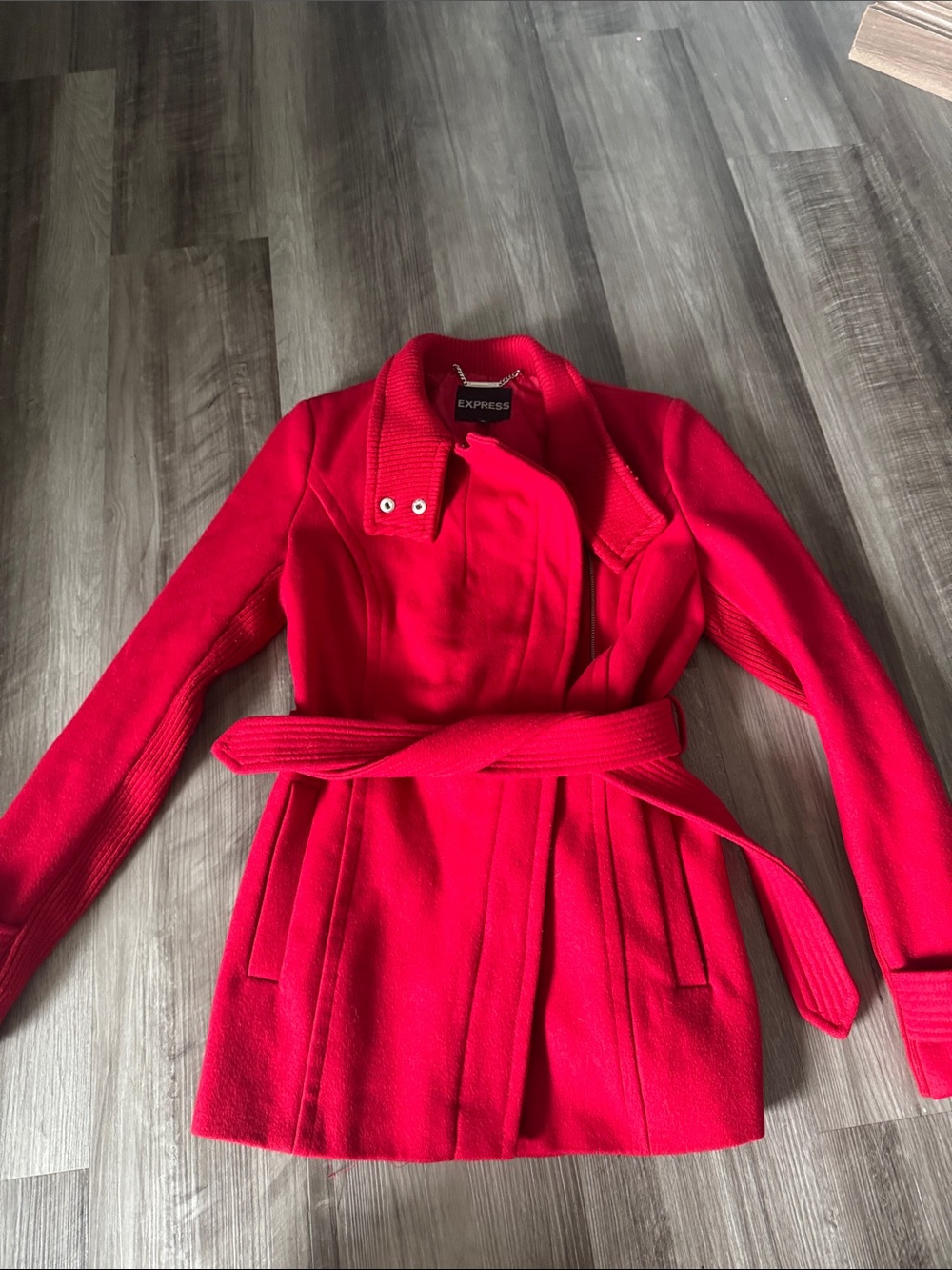 Express XS red wool coat jacket dressy womenβs fall winter belted
